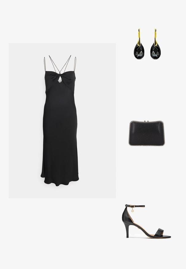 Calvin Klein MICRO STRAP TWIST SLIP DRESS - Cocktailjurk - black; Zwarte leren hoge hak sandaal met een enkele band over de tenen, enkelband, gouden hardware en een slanke stiletto hak.; Kleine zwarte textuur clutch portemonnee met zilveren metalen frame en sluiting bovenop, afgebeeld tegen een witte achtergrond.; Zwarte kristallen druppeloorbellen met een teardrop-vorm, voorzien van een gepolijste gele gouden haak. Het kristal is gefacetteerd voor extra sprankeling.