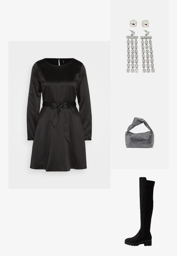Vero Moda VMMERLE SHORT DRESS - Cocktail φόρεμα / Φόρεμα για πάρτι - black; Μαύρες μπότες πάνω από το γόνατο από μαλακή σουέτ με επίπεδο πάτο, διαθέτοντας στρογγυλή μύτη και ελαστικές πάνελ στις πλευρές για εύκολη φόρεση.; Μαύρη και ασημένια τσάντα χειρός με υφασμάτινη επιφάνεια που διαθέτει διαμαντένιο σχέδιο, κόμπο στη λαβή και δομημένο σχήμα.; Κρυστάλλινα σκουλαρίκια με ασημένια λεπτομέρεια, που διαθέτουν τετράγωνη σφαίρα και πτώσεις με διαδοχικές σειρές ορθογώνιων και οκταγωνικών κρυστάλλων.