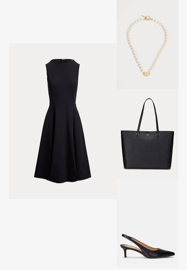 Vestido negro sin mangas en línea A con escote redondo y cremallera trasera, ajustado en la cintura y con falda acampanada.; Zapato de tacón slingback de cuero negro con punta afilada, tacón kitten bajo y textura suave. Presenta un diseño de espalda abierta y detalles de costura mínimos.; Bolso tote de cuero negro con dos asas largas y pequeño logo dorado "RL" centrado cerca de la parte superior.; Collar de perlas con cierre de barra de oro y colgante ovalado de oro grabado con letras sobre un fondo blanco liso.