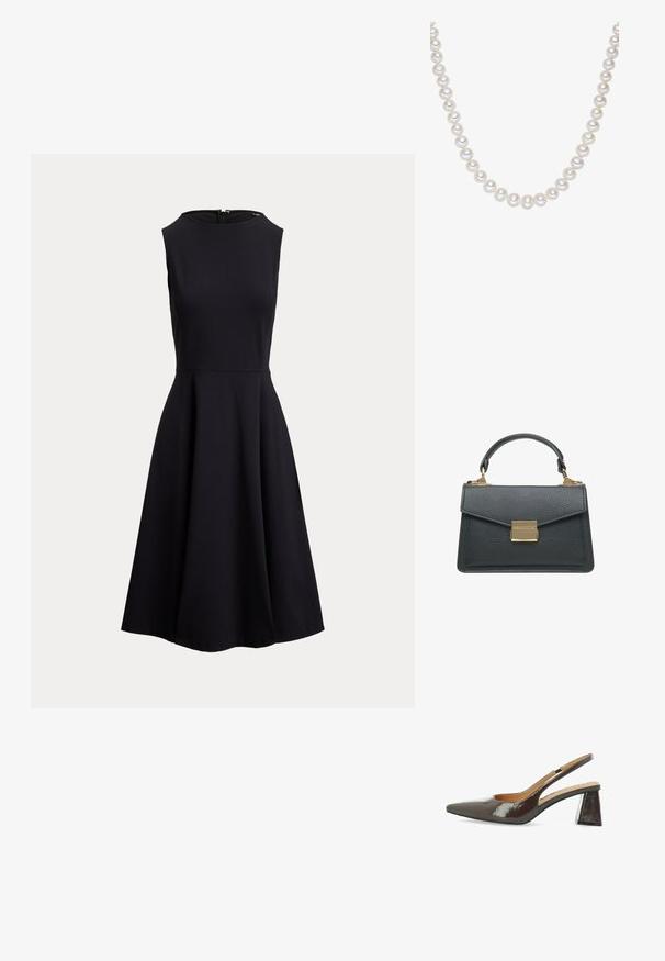 Robe noire sans manches en ligne A avec col rond et fermeture éclair au dos, cintrée à la taille et évasée à la jupe.; Escarpins à talons hauts avec bride arrière en cuir verni marron foncé brillant, bout pointu, côtés découpés et talon carré.; Sac à main en cuir noir texturé avec une courte poignée et un fermoir rectangulaire doré sur le rabat avant.; Collier en perles blanches composé de perles rondes lisses de taille uniforme avec une finition brillante, enfilées ensemble pour créer un design classique.