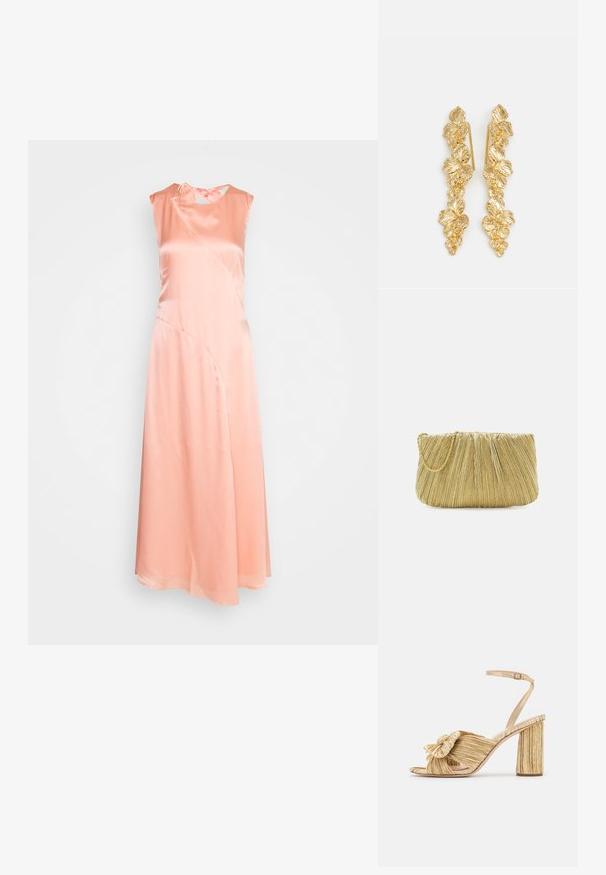 Holzweiler LISA DRESS - Cocktailkjole / festkjole - pink; Guldhælede sandaler med en knyttet front, plisseret tekstur og en ankelrem. Blokhælen har et ribbet design, der forbedrer grebet.; Loeffler Randall BRIT PLEATED FLAT - Clutches - gold-coloured; Guldøreringe designet som kaskader af blade, med detaljerede bladmønstre og en skinnende metallisk finish. Letvægts med en delikat struktur.
