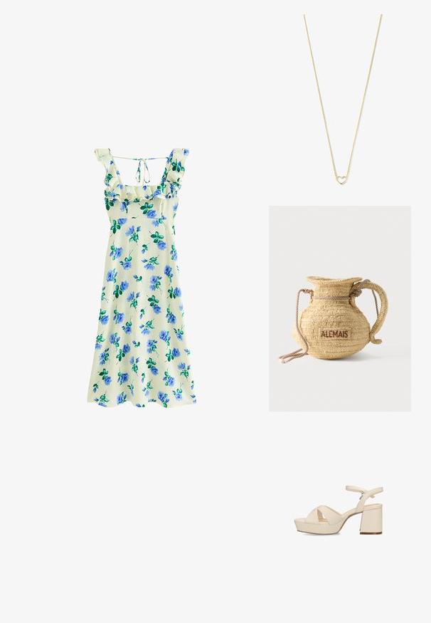 Crèmekleurige mouwloze midi-jurk met blauwe bloemenprint, geplooide vierkante halslijn en strikdetail aan de achterkant.; Mexx NALINA NICKY - Sandalen met hoge hak - cream; Ronde gevlochten strohandtas met een handvat van touw en "ALEMAIS" geborduurd aan de zijkant in bruine draad.; Goudkleurige ketting met een delicate gedraaide ontwerp, met een hartvormige hanger in het midden.