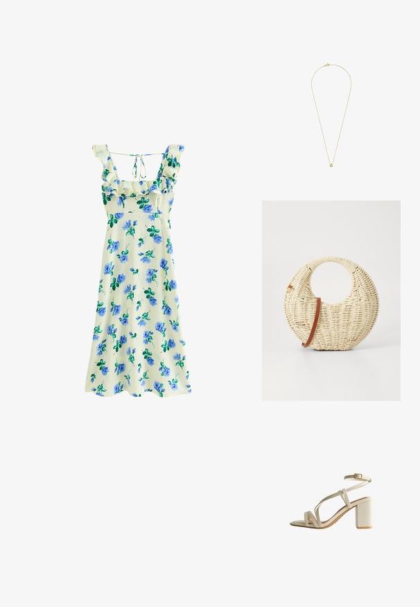 Robe midi sans manches couleur crème avec imprimé floral bleu, encolure carrée à volants et détail noué dans le dos.; Sandales à talons blocs beige avec un design à plusieurs lanières et une boucle ajustable à la cheville. Texture lisse et forme de orteil carrée.; Sac à main tressé rond en paille naturelle avec une finition texturée. Dispose d'une bandoulière en cuir marron lisse et d'une poignée circulaire.; Collier délicat en chaîne d'or avec un petit pendentif du signe astrologique de la Balance sur fond blanc.