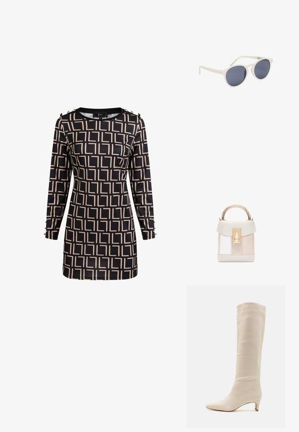 Langærmet sort kjole med beige geometrisk firkantet mønster og dekorative knapper på skuldre og manchetter, figursyet silhuet.; RAID LAYLA - Høje støvler/ Støvler - off white; Hvide runde solbriller med mørke tonede linser og let buede skafter, der hviler på en hvid overflade.; Struktureret håndtaske med et tekstureret design i beige, hvid og metalliske paneler. Udstyret med en guldspænde, kort håndtag og en glat læderoverflade.