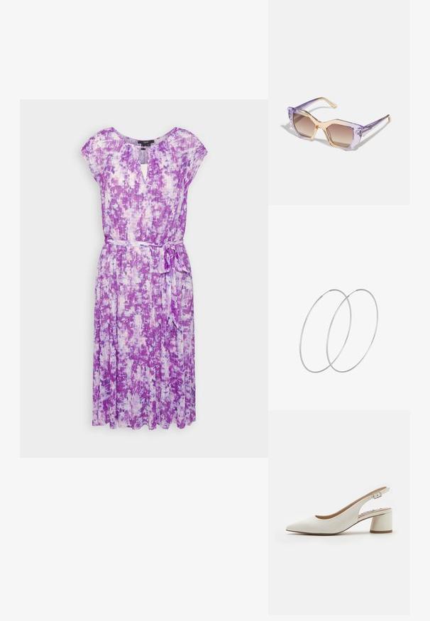 Esprit Collection Jurk - purple; Witte leren slingback pump met een spitse neus, middelhoge blokhak en verstelbare strap. Gladde textuur; minimalistisch ontwerp.; Hexagonvormige zonnebril met een doorschijnend lavendelkleurig montuur met perzikkleurige accenten en een gradient bruin glas. Glanzende afwerking op het montuur en de armen.; Zilveren hoepel oorbellen met een minimalistisch ontwerp. Cirkelvormig, gladde textuur en dun profiel. Lichtgewicht met een gepolijste afwerking.