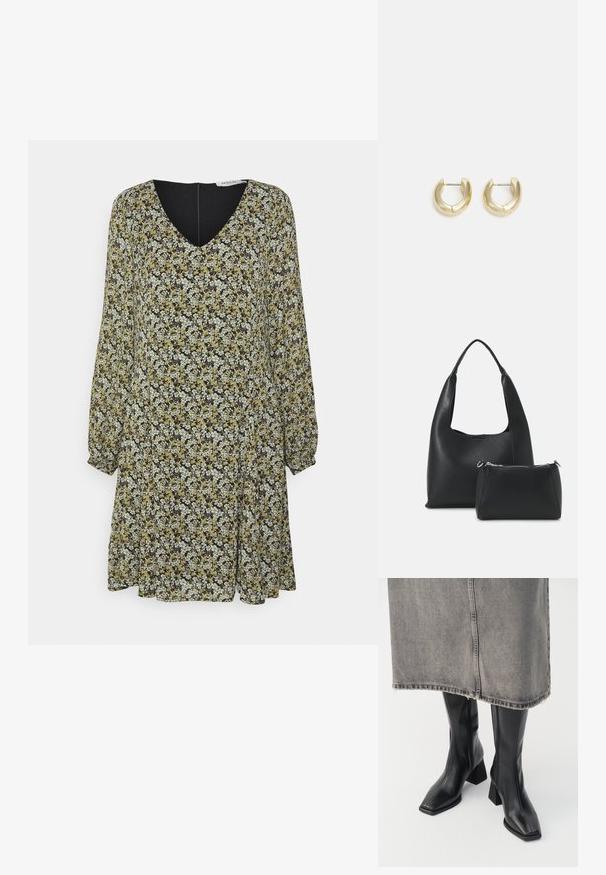 MSCH Copenhagen JAMELA RIKKELIE DRESS - Hverdagskjole - blue; Sorte knæhøje støvler i glat læder med firkantet tå og blokeret hæl. Båret med en grå denimnederdel med flosset kant.; Even&Odd Håndtasker - black; Guld-tone hoop øreringe med en glat, poleret overflade. Har en halvcirkelform og en sikker stiftlukning.