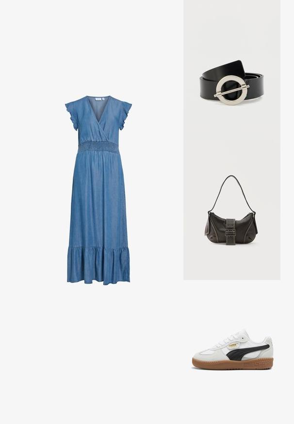 Blauwe denim midi-jurk met V-hals, ruches op korte mouwen, een gesmockte taille en een geplooide zoom.; Witte leren sneakers met een zwarte suède streep, gumrubberen zool en gouden branding aan de zijkant. Vetersluiting met een afgeronde neus.; Zwarte leren schoudertas met gespsluiting aan de riem, afgeronde hoeken en contrasterende witte stiksels op een effen achtergrond.; Zwarte riem van kunstleer met een ronde zilveren metalen gesp. Platte, gladde textuur met een strak ontwerp en zonder zichtbare patronen.