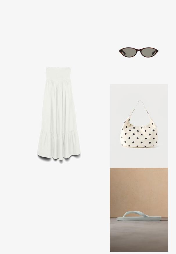 Vestido largo blanco sin tirantes con corpiño fruncido y falda recogida con bajo con volantes.; Sandalia tipo chancla de goma beige claro con plantilla texturizada y correa en forma de Y sobre un fondo gris liso.; Gafas de sol ovaladas de carey con lentes tintadas oscuras y montura delgada, mostradas sobre un fondo blanco.; Bolso de tela color crema con lunares negros y una sola correa para el hombro, presentado sobre un fondo blanco liso.