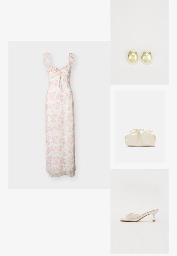 Robe longue blanche avec motif floral rose et vert, bretelles à volants et petit nœud sur le devant de l'encolure.; RAID TIANA - Chaussures de mariée - white; Pochette en cuir souple couleur crème avec un design froncé et une fine bandoulière reposant à l’avant sur un fond uni.; Boucles d'oreilles en métal doré avec une forme lisse et arrondie et une finition polie. Design simple sans embellissements supplémentaires.