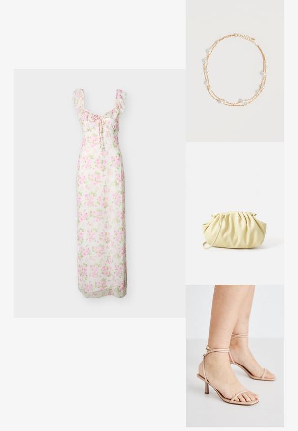 Lang hvid kjole med pink og grøn blomstermønster, flæsebeklædte stropper og en lille bindedetalje foran ved halsudskæringen.; Nude strop sandals med en tynd ankelrem, et firkantet tådesign og en lille blokhælt. Glat tekstur med minimal detaljering.; Gul plisseret håndtaske lavet af glat kunstlæder, med en blød form, en enkelt skulderrem og samlet topdesign.; Delikat dobbeltlags guldkæde med jævnt fordelt små hvide perler på en ensartet lys baggrund.