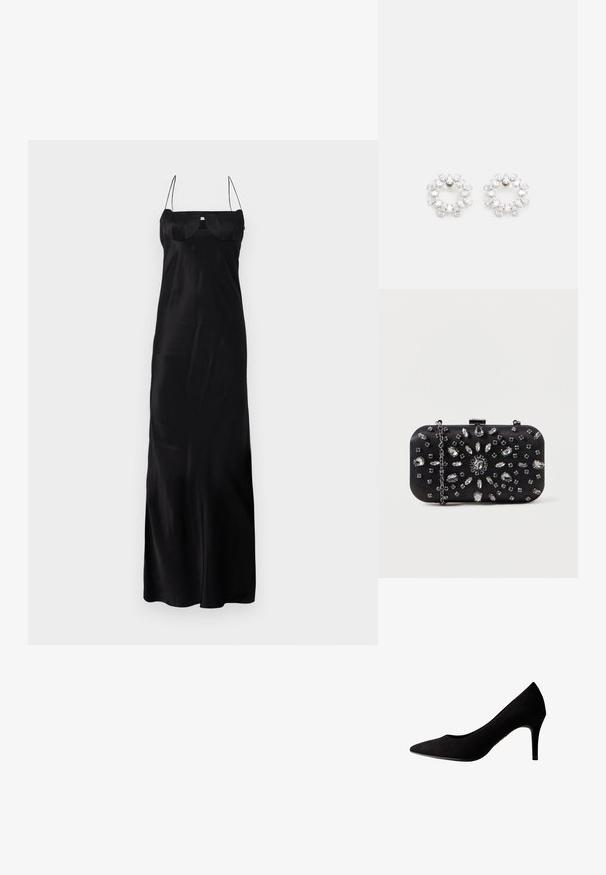 Anna October TULIP MAXI DRESS - Galajurk - black; Zwarte suède pump met hoge hak, puntige neus en een gladde textuur, met een slanke hak en subtiele stiksels langs de randen.; Zwarte clutch met een rechthoekige vorm, versierd met verschillende strass-steentjes in een bloemmotief, voorzien van een zilveren ketting voor het dragen.; Ronde oorbellen van metaal, voorzien van meerdere heldere, facetteerde stenen die in een sprankelend patroon zijn gerangschikt. Kleurloos en reflecterend.