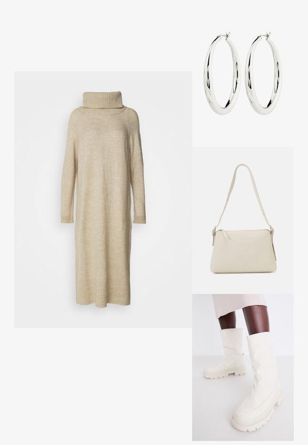 Beige, geribbelde coltruikleed gemaakt van zachte brei-stof. Heeft lange mouwen en valt tot halverwege de kuit met een relaxte pasvorm.; Witte enkelboots met een zachte, gestructureerde afwerking, voorzien van een robuuste rubberen zool en een sculpturale vorm voor een modern ontwerp.; Beige schoudertas van glad leer met een ritsluiting. Kenmerkt zich door een eenvoudig ontwerp, een slanke schouderband en metalen hardwareaccenten.; Zilveren creool oorbellen met een gladde, reflecterende oppervlak. Ronde, grote vorm met een veilige sluiting aan de bovenkant. Gepolijste afwerking toont de glans.