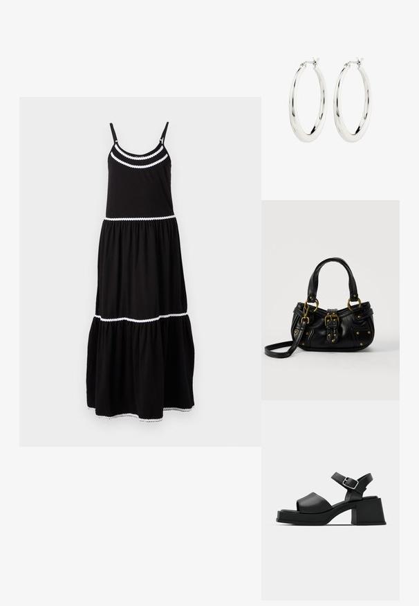 Zwarte katoenen maxi-jurk met verstelbare spaghettibandjes, witte golvende rand, gelaagd ontwerp en vloeiende rok. Geschikt voor casual wear.; Zwarte leren platform sandalen met een open teen ontwerp, enkelbandje en een stevige vierkante hak. Soepele textuur en minimalistische stijl.; Zwarte leren handtas met gouden gesp en klinknagel details, korte handvatten en een verstelbare schouderriem op een effen witte achtergrond.; Zilveren oorbellen in de vorm van een gladde, glanzende ring. Circulaire vorm, voorzien van een veilige sluiting. Eenvoudig en elegant ontwerp.