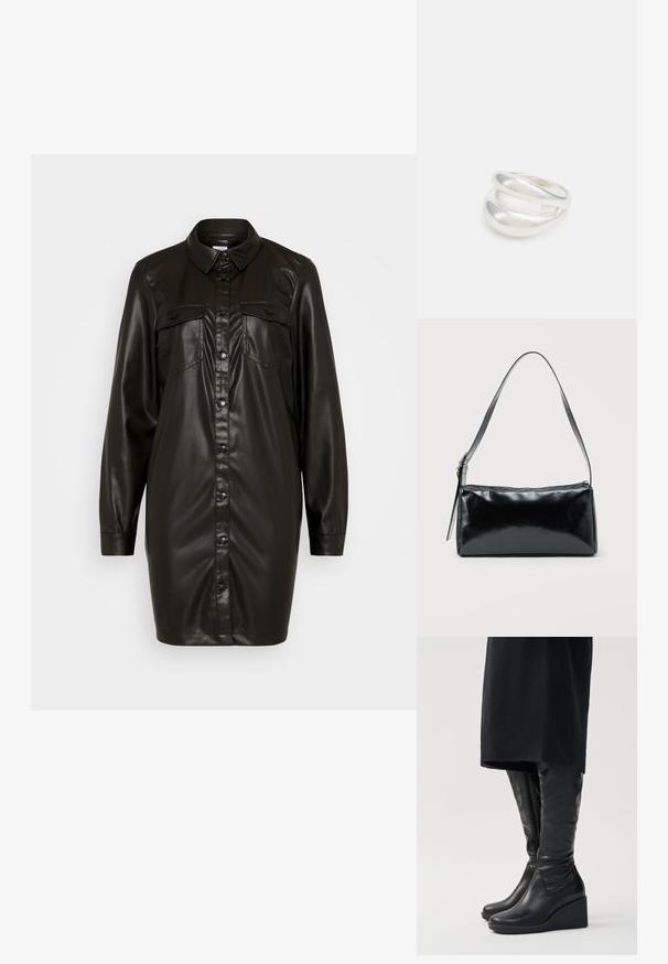 Vero Moda VMJENNIE SHORT DRESS - Blusenkleid - black; Schwarz lederne kniehohe Stiefel mit Keilabsatz, ausgestattet mit einer glatten Oberflächenstruktur und einem seitlichen Reißverschluss. Entworfen mit einer schlanken, körperbetonten Silhouette.; Schwarze rechteckige Schultertasche mit einem verstellbaren Riemen und einem oberen Reißverschluss vor einfachem Hintergrund.; Silberner Doppelring mit einer glatten, polierten Oberfläche. Verfügt über ein fließendes, kurviges Design mit überlappenden Abschnitten für einen modernen Look.