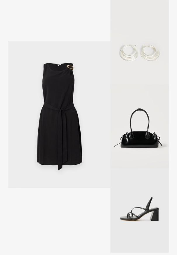 Robe noire sans manches avec un détail de nœud sur le côté. Fabriquée en tissu doux, présentant une taille ajustée et une jupe évasée. Texture lisse et design simple.; Sandales noires à talons avec un bout carré, présentant plusieurs fines bretelles et un talon bloc géométrique. Texture en cuir lisse et design minimaliste.; Petit sac à main noir brillant avec deux longues anses et des détails à cordon sur les côtés sur un fond clair uni.; Boucles d'oreilles créoles en argent avec trois bandes semi-circulaires superposées, dont une ornée de petits cristaux clairs sur un fond clair.
