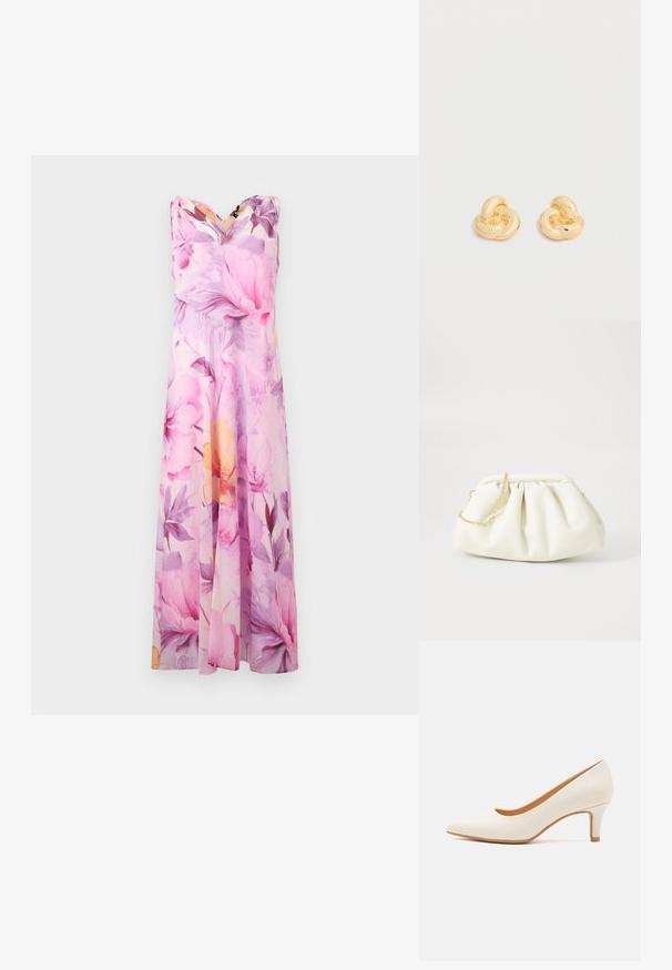Ærmeløs lang kjole med pink, lilla og gul blomsterprint og v-udskæring på hvid baggrund.; Hvid læder højhælet sko med spids tå og en slank, let skrå hæl. Glat tekstur med et minimalistisk design og tan sål.; Hvid læderhåndtaske med en samlede design, forsynet med en guldkæde-strop og en rund form. Glat tekstur med bløde folder og ingen mønstre.; Par af skinnende ørestikker i guldfarvet knudeform på en ensfarvet hvid baggrund.