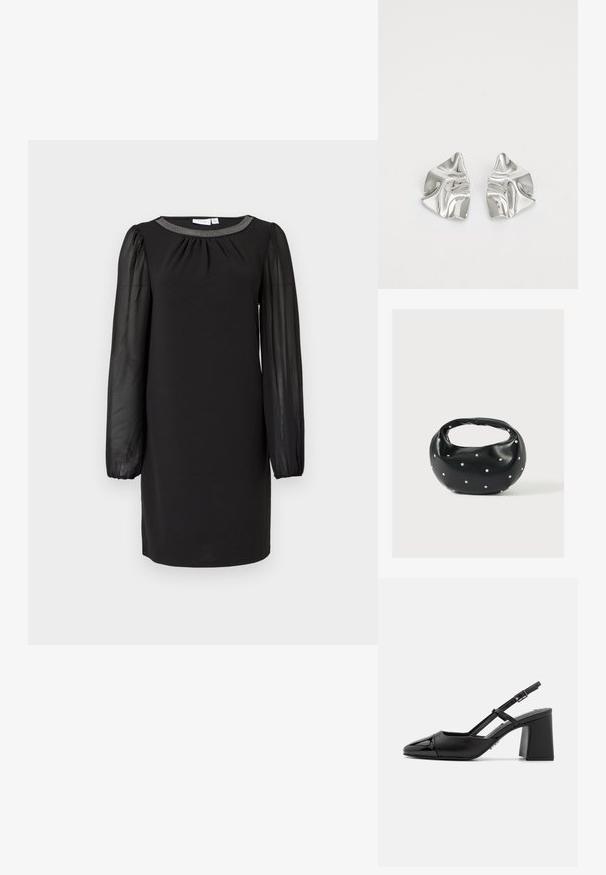 Robe noire longueur genou avec des manches longues transparentes et un détail de col en perles, présentée sur un fond blanc uni.; Escarpin en cuir verni noir à talon bloc avec un bout pointu et une bride réglable. Texture lisse et design minimaliste.; Sac à main en cuir noir de forme arrondie, décoré de clous argentés et équipé d'une poignée courte. Texture lisse et fermeture éclair.; Boucles d'oreilles en métal argenté avec un design ondulé et sculptural, présentant une finition polie et des formes irrégulières, mettant en valeur une esthétique contemporaine.