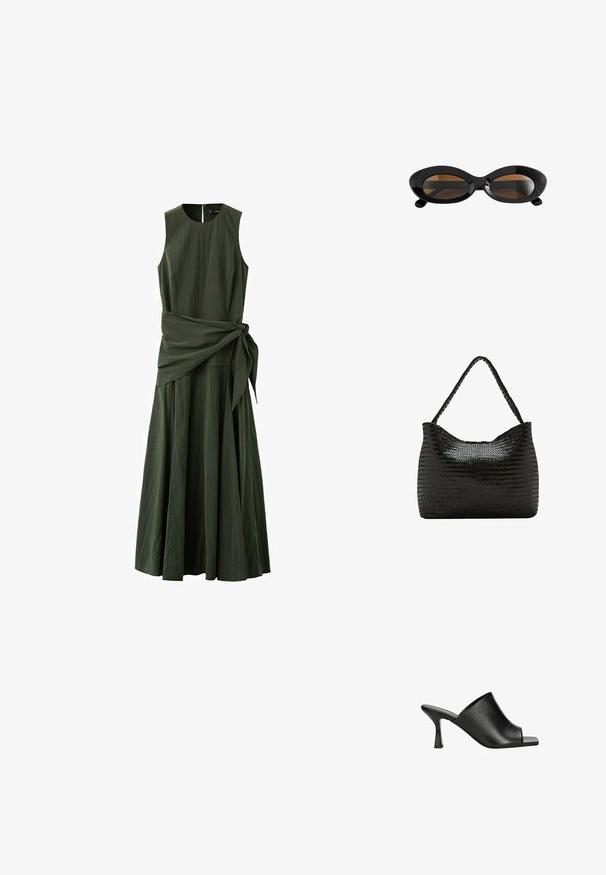 Robe midi sans manches de couleur vert foncé avec un col rond et une large ceinture en tissu nouée à la taille.; Mules ouverts en cuir noir au design épuré, avec une texture subtile et un talon bloc effilé pour plus de stabilité.; Lunettes de soleil ovales noires avec montures épaisses et verres teintés marron, présentées sur un fond blanc.; Sac bandoulière en cuir noir tressé avec une lanière unique tressée et une forme douce et rectangulaire arrondie.
