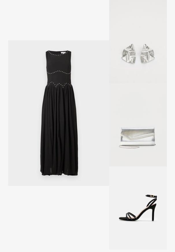 Sort maxiklæd med et tætsiddende liv, rund halsudskæring og en samlet skørt, prydet med sølvnitter i et bølget mønster langs taljen.; Anna Field by Zalando Sandaler - black; Skinnende sølv clutch taske med kuvertlåg og dekorativ kant, lille sølvkæde, på ensartet lys baggrund.; Sølvmetal øreringe med et bølgende, skulpturelt design, der har en poleret overflade og uregelmæssige former, hvilket fremhæver en moderne æstetik.