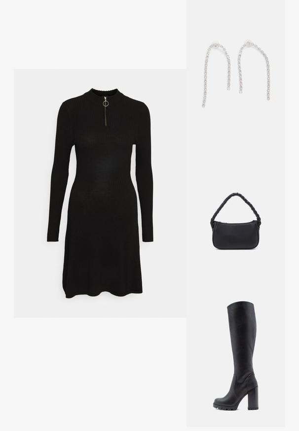 Robe noire côtelée avec un col haut et des manches longues. Comprend une fermeture éclair frontale avec une tirette circulaire. Texture lisse, ourlet évasé.; Botte noire montante, en cuir lisse, avec un talon épais, un bout rond, une semelle texturée avec adhérence, au design élégant sans embellissements.; Sac à main noir de forme arrondie, en matériau lisse. Équipé d'une poignée tressée et d'une fermeture éclair pour un rangement sécurisé.; Boucles d'oreilles en argent avec des chaînes pendantes, présentant plusieurs pierres précieuses claires disposées en motif linéaire, offrant un effet scintillant.