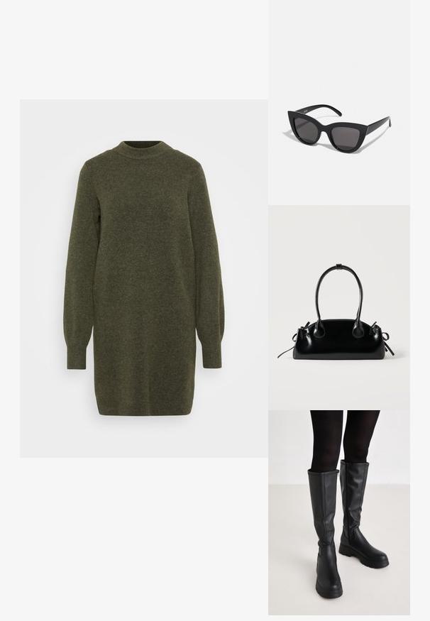 Strikkjole i olivengrøn med høj hals, lange puffærmer og en løs pasform. Blød tekstur med ribbede manchetter.; Even&Odd by Zalando Plateaustøvler - black; Sorte cat-eye solbriller med mat finish, der har grå tonede linser, skarpe vinkler og slanke sidearme. Mærkenavnet er synligt på den indre arm.; Lille sort blank håndtaske med to lange håndtag og snøre-detaljer i siden på en ensfarvet lys baggrund.