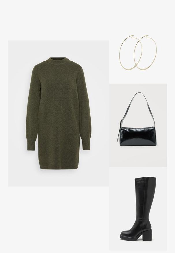 Strikkjole i olivengrøn med høj hals, lange puffærmer og en løs pasform. Blød tekstur med ribbede manchetter.; Zign by Zalando LEATHER - Højhælede støvler - black; Sort rektangulær skuldertaske med en enkelt justerbar rem og lynlås i toppen på en ensfarvet baggrund.; Pilgrim Øreringe - gold-coloured