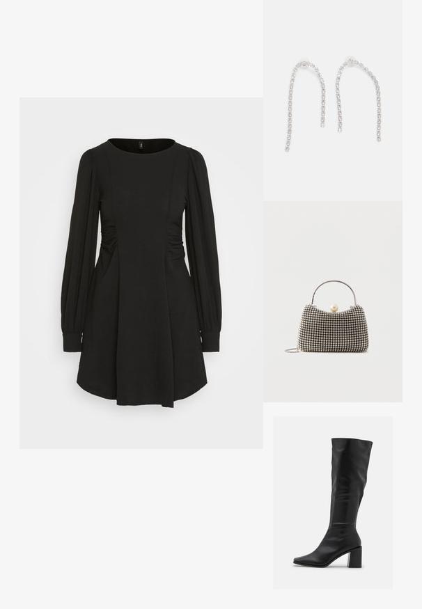 Vero Moda VMPOLLIANA INGE MINI DRESS - Hverdagskjole - black; RAID BLICK - Høje støvler/ Støvler - black; Lille håndtaske med sølv gittermønster, buet håndtag, stor perle lukning og en tynd sølvkæde strop på en ensfarvet baggrund.; Sølvøreringe med hængende kæder, prydet med flere klare ædelsten arrangeret i et lineært mønster, der giver en glitrende effekt.