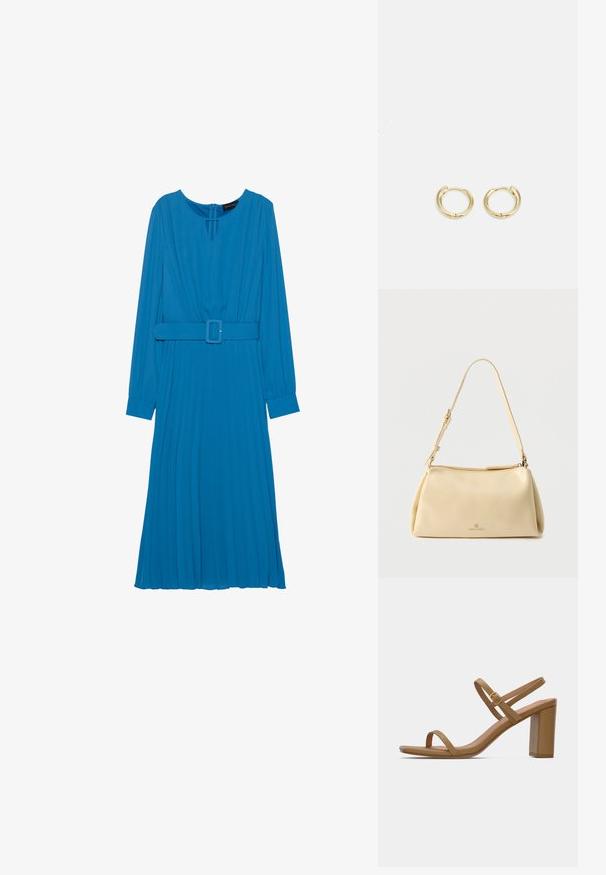 Vestido de manga larga, de un brillante color azul, con cintura entallada y cinturón, que presenta una falda plisada y un escote en forma de llave. Textura de tela suave.; Sandalias de tacón de color marrón claro con dos correas delgadas y un tacón cuadrado. Material suave con un diseño minimalista y un pequeño detalle de hebilla dorada.; Bolso de hombro beige rectangular con correa ajustable y cierre de cremallera, con un pequeño logo "Anna Field" en el centro frontal.; Pendientes de aro de oro con un diseño suave y redondeado. Presentan un pequeño cierre de bisagra, apariencia ligera y un acabado pulido.