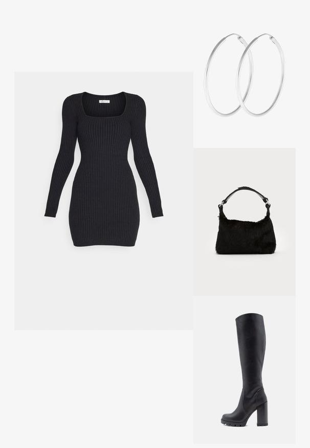 Robe en tricot noir à côtes avec un décolleté carré, des manches longues et une silhouette ajustée, présentant une texture lisse et un matériau extensible.; Botte noire montante, en cuir lisse, avec un talon épais, un bout rond, une semelle texturée avec adhérence, au design élégant sans embellissements.; Sac à main en fausse fourrure noire avec une texture douce, une forme arrondie et une bandoulière en cuir noir robuste. Accent en métal argenté visible.; Boucles d'oreilles en argent, de forme ronde lisse et finition polie. Les deux boucles d'oreilles sont de la même taille et disposent d'un mécanisme de fermeture sécurisé.