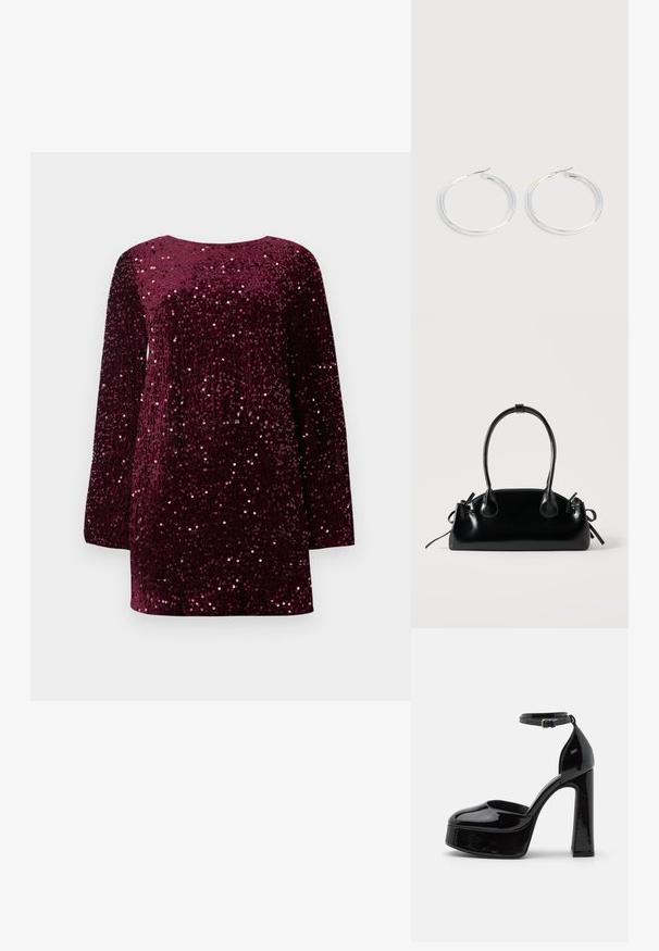 Vestido de terciopelo burdeos con mangas largas, cubierto de brillantes lentejuelas, con un escote redondeado y un corte relajado.; Zapatos de tacón de charol negro con plataforma y correa al tobillo, punta redondeada y tacón cuadrado, que muestran una textura lisa y brillante.; Pequeño bolso negro brillante con dos asas largas y detalles de cordón lateral sobre un fondo claro liso.; Pareja de pendientes de aro plateados brillantes con cierres de alambre delgado, mostrados sobre un fondo gris claro.