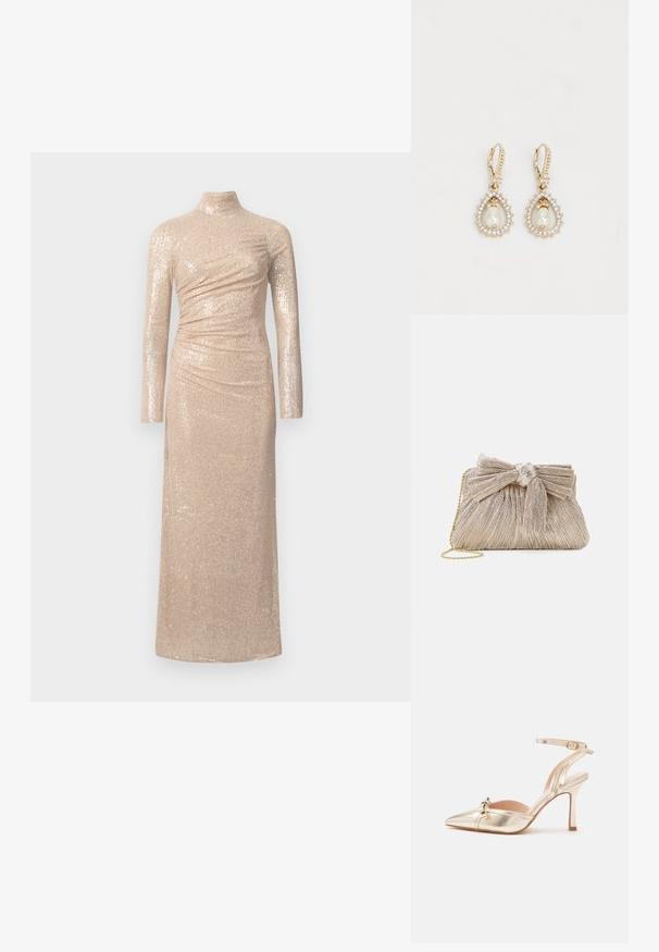 Robe longue et ajustée de couleur beige clair, faite en tissu pailleté. Elle se caractérise par un col montant et des manches longues avec des détails froncés.; Chaussure à talon haut dorée brillante avec bout pointu, nœud décoratif à l'avant et fine bride de cheville avec fermeture à boucle.; Pochette en or métallisé avec tissu plissé, dotée d'un nœud en haut et d'une bandoulière en chaîne dorée pour une polyvalence et une facilité de transport.; Boucles d'oreilles dorées avec un design en forme de larme, comportant une perle centrale entourée de petits cristaux transparents. Fermeture à charnière.