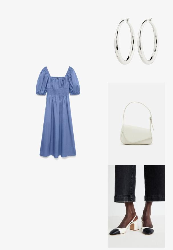 Vestido midi azul con mangas cortas abullonadas, escote cuadrado y detalle fruncido en la cintura.; Zapatos slingback de tacón bloque en blanco y negro con punta afilada, material de cuero suave y detalles en color contrastante en la puntera.; Bolso de mano de imitación cuero blanco con una forma triangular estructurada, correa ajustable única y cierre con solapa acentuada en curva.; Pendientes de aro de plata con una superficie lisa y reflectante. Forma redonda y grande con un cierre seguro en la parte superior. El acabado pulido resalta el brillo.