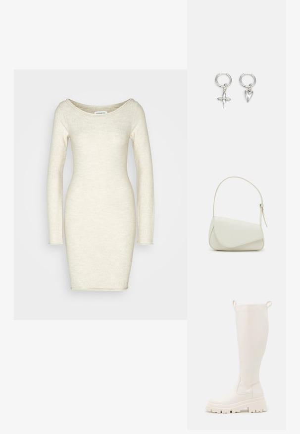 Even&Odd by Zalando Etuikleid - grey; Knöchelhohe weiße Gummistiefel mit einer robusten Sohle und elastischen seitlichen Einsätzen. Verfügt über Zuglaschen an der Oberseite für leichteres Anziehen. Glatte Textur.; Weiße Kunstleder-Handtasche mit einer strukturierten dreieckigen Form, einem verstellbaren Einzelgurt und einem Klappenverschluss mit geschwungenen Akzenten.; Silberne Creolen mit einem Kreuz- und Herz-Anhänger. Glatte, glänzende Textur mit polierter Oberfläche. Jeder Anhänger hängt an einem sicheren Ring.