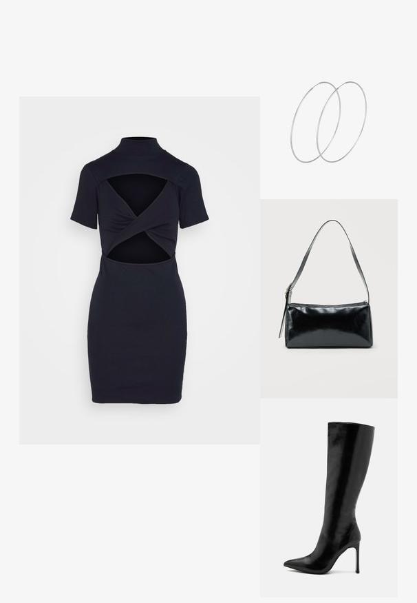 WAL G. WILLOW CUT OUT MINI - Jerseykjole - navy blue; Sort knæhøj støvle lavet af blank læder, med en spids tå og en slank stilethæl. Glat tekstur med minimalistisk design.; Sort rektangulær skuldertaske med en enkelt justerbar rem og lynlås i toppen på en ensfarvet baggrund.; Sølvøreringe med et minimalistisk design. Cirkulær form, glat tekstur og tynd profil. Letvægtige med en poleret overflade.