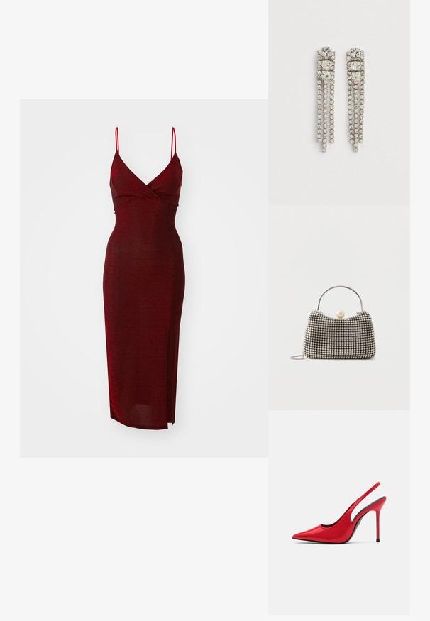 WAL G. EXCLUSIVE NYE GLITTER ARGENTINE MIDI - Robe de soirée - wine; ALDO PUCKERUP - Escarpins à talons hauts - red; Petit sac à main avec motif à carreaux argenté, poignée incurvée, grande fermeture à perle et une fine bandoulière en chaîne argentée sur un fond uni.; Boucles d'oreilles pendantes en argent avec trois grands cristaux carrés en haut et trois filaments de petits cristaux ronds suspendus en dessous.
