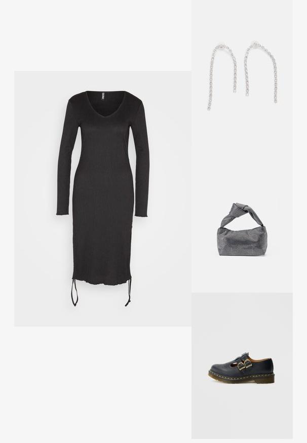 Pieces PCBENDY RUCHING DRESS - Jurk - black; Zwarte leren schoen met twee gespsluitingen, voorzien van geperforeerde details, een ronde neus en een gele stiknaad rond de zool.; Zwarte en zilveren handtas met een gestructureerd oppervlak dat een diamanten patroon vertoont, een geknoopt handvat en een gestructureerde vorm.; Zilveren oorbellen met hangende kettingen, voorzien van meerdere heldere edelstenen die in een lineair patroon zijn gerangschikt, wat een schitterend effect geeft.