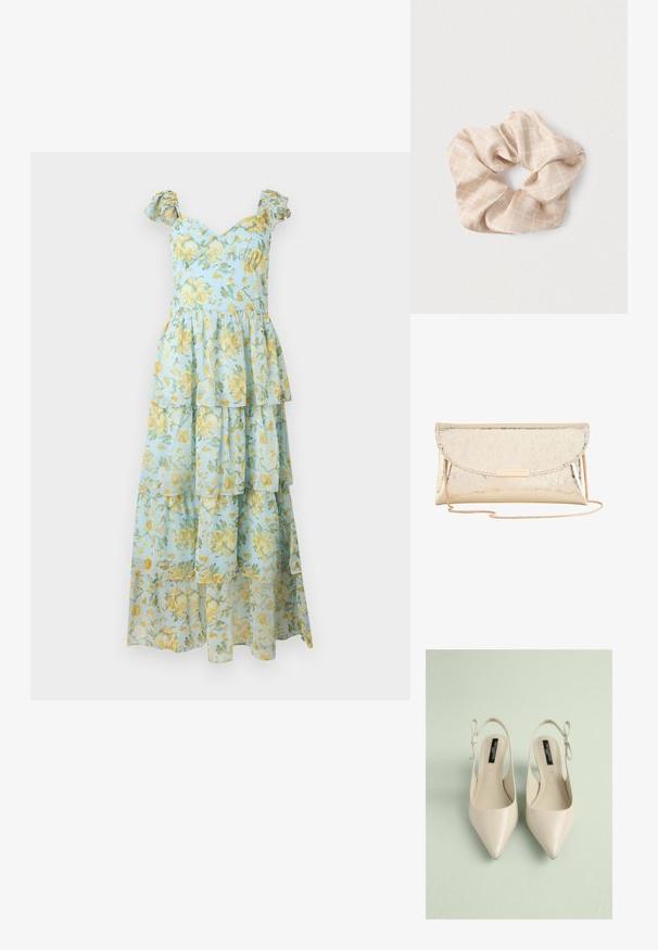 Lyseblå ærmeløs lagdelt maxi-kjole med gult rosemønster og flæseærmer.; Beige spidse slingback-sko med en glat læderfinish, der har en sløjfedetalje på hælen og et åbent bagdesign.; Skinnende gylden metallisk clutch taske med kæderem og en rektangulær gylden lås på frontklappen.; Beige silkescrunchie med et diskret krydsmønster, blød tekstur og en rund, samlet form. Velegnet til håropsætning.