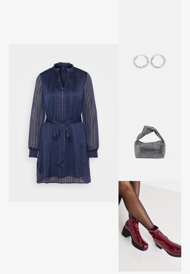Vero Moda VMTINKA SHORT TIE DRESS - Cocktailkjole / festkjole - navy/silver; Røde ankelstøvler i patenteret læder med en kraftig sort hæl og lynlåsdetalje. Glat tekstur, elegant design med en rund tå.; Sorte og sølv håndtaske med en tekstureret overflade, der har et diamantmønster, en knyttet håndtag og en struktureret form.; Sølv hoops med en bølget, uregelmæssig tekstur. Har en tynd, cirkulær form og en reflekterende finish.