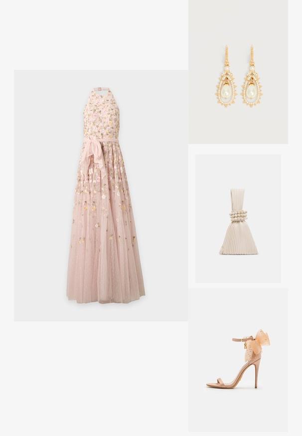 Robe longue rose dos-nu avec broderies florales, tissu transparent et ceinture nouée à la taille.; Sandale à talons hauts nude avec un nœud en tissu transparent orné, bride de cheville et un talon aiguille fin. Finition satinée lisse.; Petit sac à main beige plissé avec une anse nouée et trois bracelets ronds en perles enroulés autour du milieu.; Boucles d'oreilles pendantes en ton or avec des perles fantaisie en forme de larme, entourées de petits cristaux clairs et d'ornements en cristal en forme de feuille.
