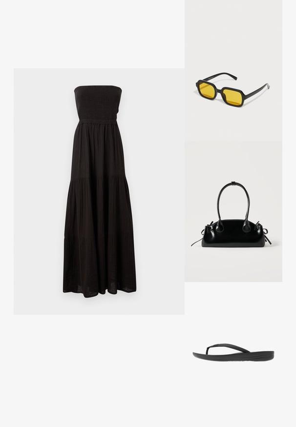 Zwarte strapless maxi-jurk van getextureerde stof, met een smock-bodice en gelaagde roksecties, die een vloeiende silhouet biedt.; Zwarte flip-flop met een gestructureerde band, een gevoerde zool en een strak, minimalistisch ontwerp. Geschikt voor casual gebruik.; Zwarte rechthoekige zonnebril met gele lenzen. Kenmerken zijn onder andere dikke monturen en een hoekig ontwerp met een gladde, glanzende afwerking.; Kleine zwarte glanzende handtas met twee lange hengsels en zijkant trekkoord details op een effen lichte achtergrond.