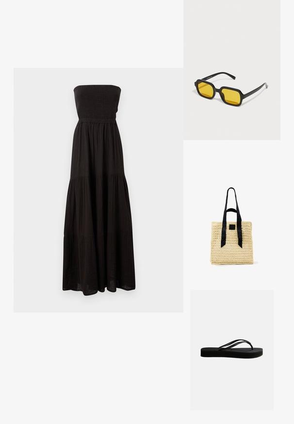 Vestido maxi negro sin tirantes hecho de tela texturizada, con un corsé fruncido y secciones de falda en capas, que proporciona una silueta fluida.; Chancla negra de goma con suela texturizada y correa en forma de Y, mostrada en vista lateral sobre un fondo liso y claro.; Gafas de sol negras rectangulares con lentes amarillos. Presentan montura gruesa y un diseño angular con un acabado liso y brillante.; Bolso tote de paja beige trenzada con asas largas de tela negra y un pequeño parche cuadrado negro en el frente.