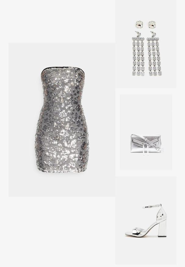 ONLY ONLMEDUZA SEQUINS DRESS - Cocktail φόρεμα / Φόρεμα για πάρτι - silver; Ασημένια ψηλοτάκρυα σανδάλια με φαρδύ τακούνι, ανοιχτή μύτη και ζώνη στον αστράγαλο. Διαθέτουν γυαλιστερή πατίνα και μαλακή σόλα.; Ασημί μεταλλική τσάντα χειρός με δύο κλειστά θ pockets, με ατσάλινες λεπτομέρειες και ρυθμιζόμενο λουρί ώμου. Λείος υφή με κομψό σχέδιο.; Κρυστάλλινα σκουλαρίκια με ασημένια λεπτομέρεια, που διαθέτουν τετράγωνη σφαίρα και πτώσεις με διαδοχικές σειρές ορθογώνιων και οκταγωνικών κρυστάλλων.