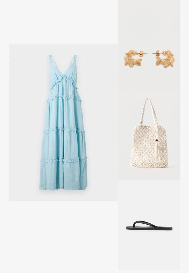 Vestido maxi acampanado de color azul claro, hecho de una tela suave con acentos de volantes y tirantes ajustables. Presenta un escote en V y un diseño fluido.; Chanclas negras con un diseño minimalista, suela plana, tiras estrechas y una textura suave. Sin patrones ni acentos adicionales.; Bolsa tote de algodón blanco tejido con asas trenzadas y un adorno colgante de flecos con detalle de cuenta de madera.; Pendientes de tono dorado con una forma abstracta y orgánica, que presentan una superficie texturizada y un cierre de poste trasero.