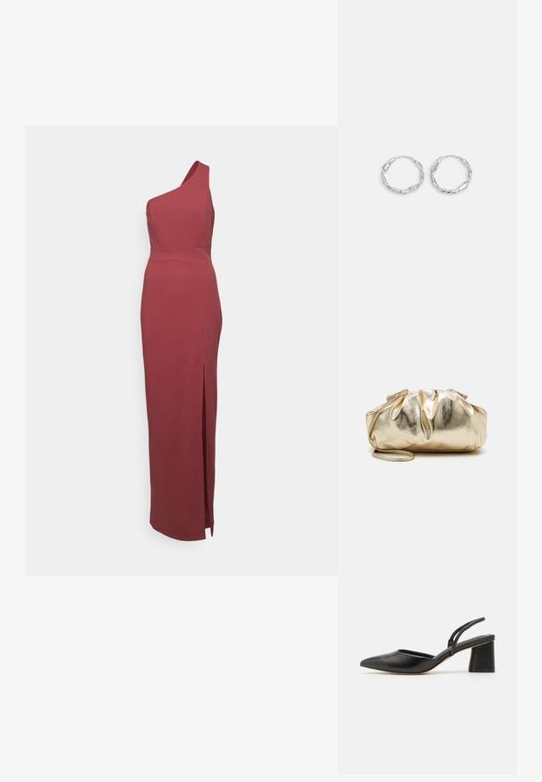 WAL G. TREEMA ONE SLEEVE MAXI - Jerseykjole - dark mauve pink; Sort lædersko med slingback, spids tå, lav blokhæl og minimalistisk design med tynde remme og glat tekstur.; Guldmetallic clutchtaske med en rynket tekstur, blød rund form og en aftagelig kæderekke. Har et sammenfoldet design øverst.; Sølv hoops med en bølget, uregelmæssig tekstur. Har en tynd, cirkulær form og en reflekterende finish.