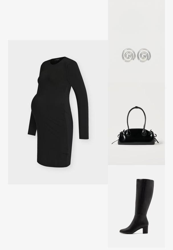 Schwarzes, langärmliges Umstandskleid in knielanger Länge mit figurbetonter Silhouette und rundem Ausschnitt vor einem einfarbigen weißen Hintergrund.; Anna Field by Zalando Stiefel - black; Kleine schwarze glänzende Handtasche mit zwei langen Griffen und seitlichen Kordelzug-Details vor einfachem hellem Hintergrund.; Paar silberne Spiral-Creolen mit glattem, rundem Design auf einfachem weißem Hintergrund.