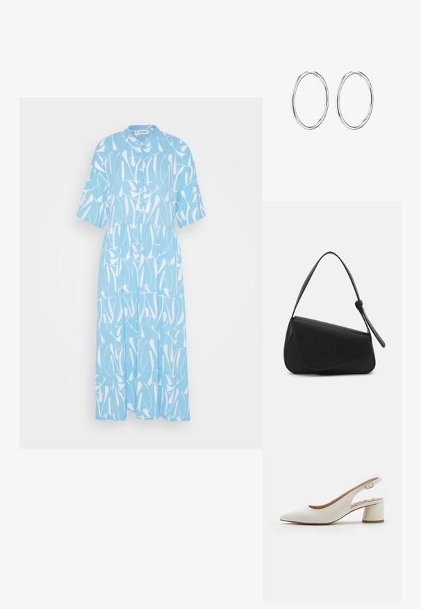 Monki Vestido camisero - blue medium; Zapato de tacón destalonado de cuero blanco con punta afilada, tacón bloque de altura media y correa ajustable. Textura suave; diseño minimalista.; Bolso de mano de cuero negro con forma triangular, tapa en ángulo y un asa superior redondeada. Presenta una textura suave y detalles de diseño minimalistas.; Pendientes de aro de plata con un acabado suave y pulido. Forma redonda, diseño ligero, con un mecanismo de cierre seguro.