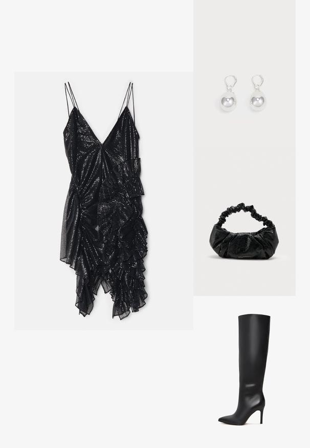 Robe noire pailletée à bretelles fines, avec un décolleté en V et un ourlet froncé asymétrique, mettant en valeur un design texturé.; Botte en cuir noir, montante, à talon aiguille, avec un bout pointu et une surface lisse et élégante. Elle dispose d'un talon haut et fin pour une silhouette élancée.; Sac à main en cuir noir texturé avec poignée élastique froncée et logo subtil "Karl Lagerfeld Jeans" en bas au centre à l'avant.; Boucles d'oreilles en argent en forme de goutte avec des surfaces lisses, rondes et réfléchissantes, suspendues à des fermoirs à ressort. L'arrière-plan est blanc uni.