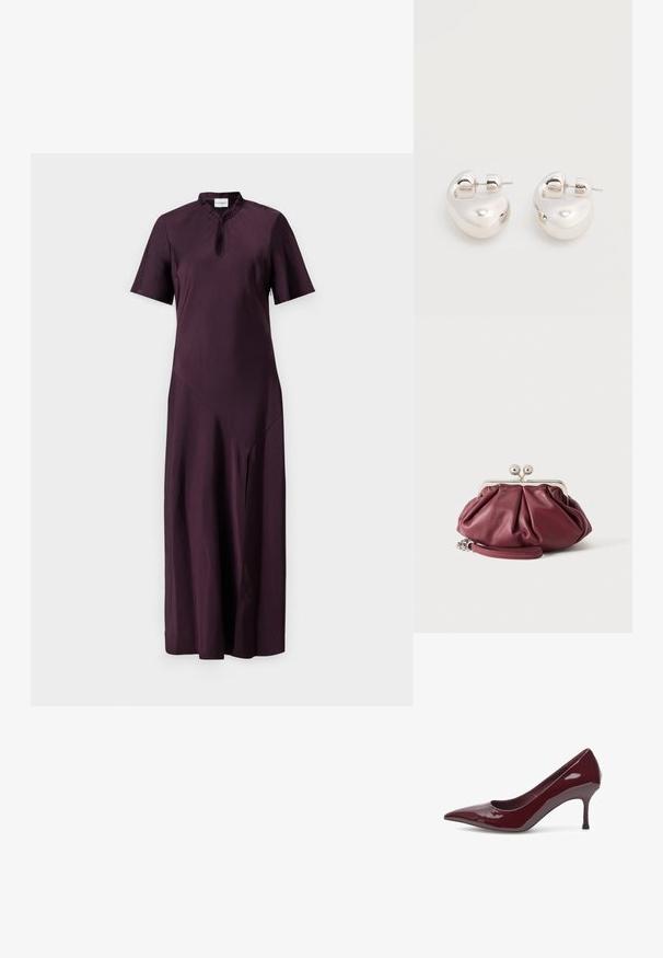 Vestido midi de manga corta en color púrpura oscuro con un pequeño cuello alto y escote en forma de ojo de cerradura sobre fondo blanco liso.; Woden WODEN - Tacones - cherry; Pequeño bolso de mano de cuero burdeos con cierre metálico plateado y correa de muñeca sobre fondo blanco.; Par de pendientes llamativos de aro grueso plateado brillante con cierre de poste sobre un fondo blanco liso.