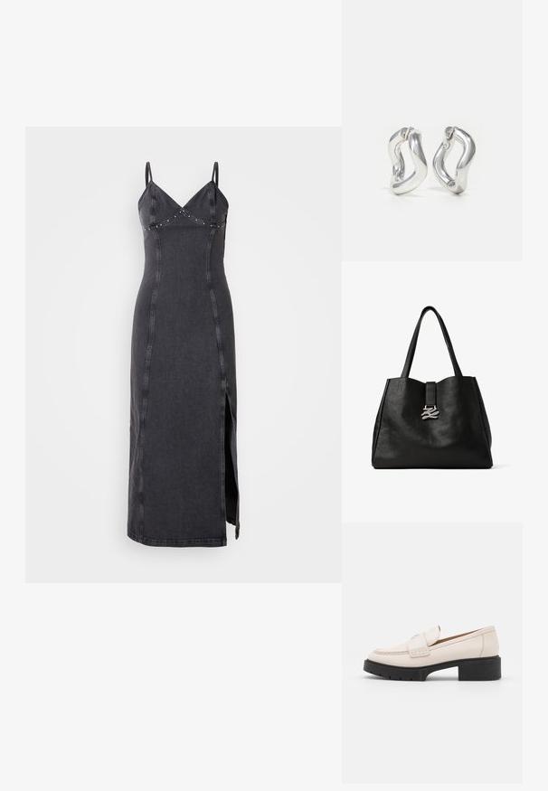 Zwarte denim maxi-jurk met spaghettibandjes, V-hals en decoratieve studs langs het lijfje. Heeft een split aan de zijkant en een aansluitende silhouet.; Lichtbeige leren loafers met een gestikte voorkant en een textuur met een zwarte plateauhak. Beschikt over een gebogen ontwerp en een lichte verhoging.; Zwarte leren draagtas met een gladde textuur, voorzien van een zilveren logo-accent en een gestructureerd ontwerp. Twee lange hengsels om te dragen.; Zilveren oorbellen met een gedraaid ontwerp. Afgeronde randen en een glanzende afwerking. Open sluitingen voor gemakkelijk dragen. Soepele textuur over het geheel.