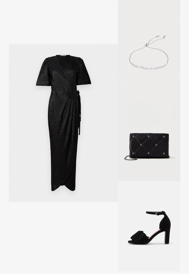 Robe noire en tissu texturé avec de courtes manches bouffantes, une ceinture à nouer à la taille et une silhouette longue et fluide.; Sandales à talons en suede noir avec un bout ouvert, présentant un accent de nœud décoratif à l'avant et une bride de cheville avec une boucle dorée.; Clutch en satin matelassé noir avec des clous en pyramide argentés, chaîne, forme rectangulaire et texture lisse. Dimensions de 10 cm x 18 cm x 4 cm.; Bracelet délicat en argent réglable avec de petits cristaux clairs en forme de cube enfilés le long de la chaîne sur un fond clair uni.